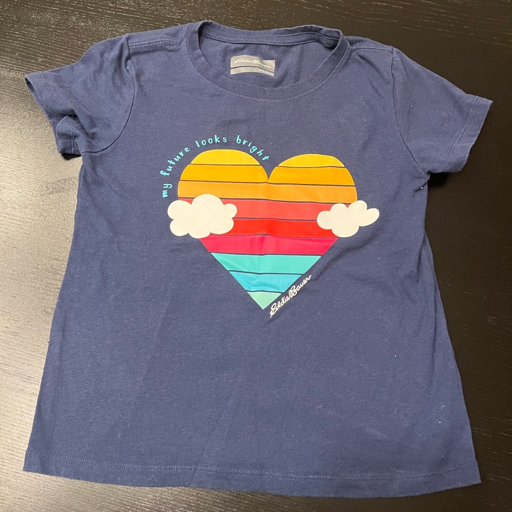 Eddie Bauer Blue Short Sleeve Tee with Colorful Heart Design